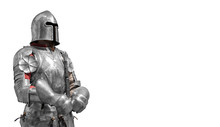 Knight In Shiny Metal Armor On A White Background.