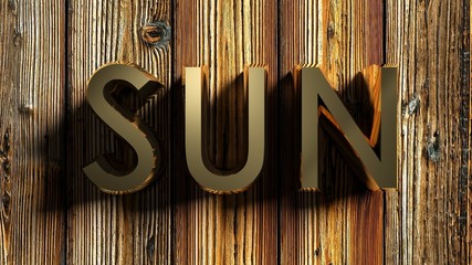 Poster - SUN brass write on raw wood - 3D rendering