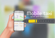© vectorpocket - Mobile taxi vector concept background. Human hand holding smartphone with city map on digital screen. Yellow car moves on town road to customer. Online service, application to call a cab on internet