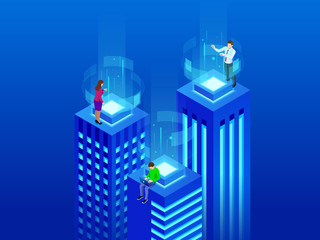 Isometric Intelligent buildings. Smart city concept. Business center with skyscrapers connected to the computer network.