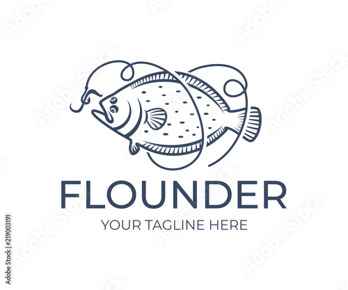 Photographie Fishing and fish, flounder grabs bait on hook and line, logo design