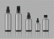 Mock up Realistic Glossy Transparent Glass Cosmetic Soap, Shampoo, Cream, Oil Dropper and Spray Bottles Set With Black Cap for Skincare Product Background Illustration