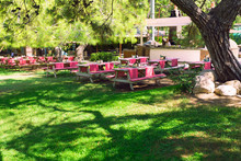 A Beautiful Picnic Area With Tables And Bright Red Tablecloths And A Mini Cafe On The Back Plan