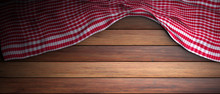 Red White Checkered Picnic Tablecloth On Wooden Background, Copy Space. 3d Illustration