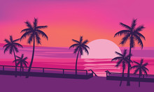 Sunset, Ocean, Evening, Palm Trees, Sea Shore, Color Mood, Summer, Vector, Illustration, Isolated, Cartoon Style