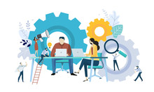 Vector Illustration Concept Of Teamwork, Project Management, Workflow, Business Mechanism, Research And Development. Creative Flat Design For Web Banner, Marketing Material, Business Presentation.