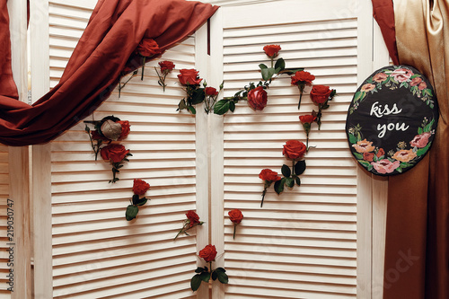 Wedding Photo Booth Zone Rustic Wooden Wall With Flowers Red