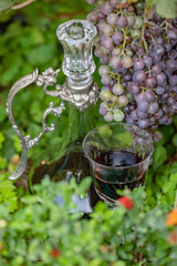 ripe purple grapes, decanter and wine glass with wine