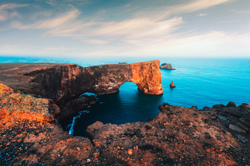 Wall Mural - Unique basalt arch on Dyrholaey cape. Nature Reserve, Iceland. Landscape photography