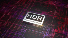 HDR High Dynamic Range Symbol On Abstract Electronic Circuit Board. Television Technology Concept, Ultra High Definition Sign On Digital Background With Many Lines And Geometric Elements. 3d Rendering