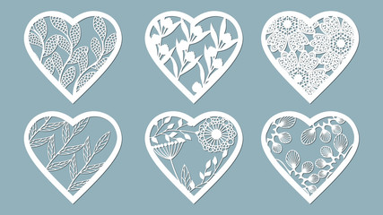 Set stencil hearts with flower. Template for interior design, invitations, etc. Image suitable for laser cutting, plotter cutting or printing.