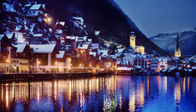 Night Winter Scenic View Of Village Of Hallstatt In The Austrian Alps