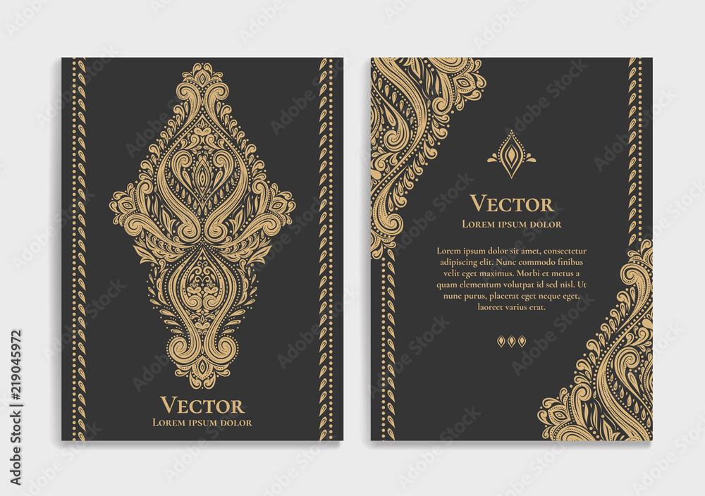 Gold vintage greeting card on a black background. Luxury vector ornament template. Mandala. Great for invitation, flyer, menu, brochure, postcard, wallpaper, decoration, or any desired idea. - obrazy, fototapety, plakaty 