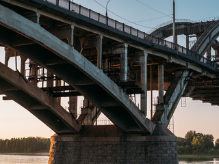 Close up of modern bridge construction, steel structure or metal