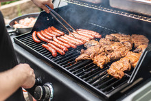 Barbecue Grill Bbq On Propane Gas Grill Steaks Bratwurst Sausages Meat Meal