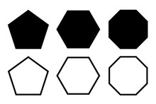 Pentagon, Hexagon, Octagon Icon. Vector Geometry Pentagonal, Hexagonal, Octagonal Polygon. Five, Six, Eight Sided Polygon Line