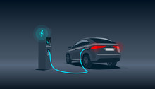 Vector Illustration Of A Luxury Black Electric Car Suv Charging At The Charger Station During Night Time Low Demand Off Peak Electricity. Electromobility Eco Future Transportation E-motion Concept. 