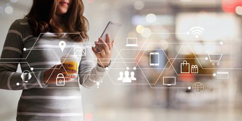 Poster - Woman using mobile payments online shopping and customer network icon connection. Digital marketing, m-banking and omni channel.