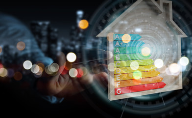 Wall Mural - businessman using 3d rendering energy rating chart in a wooden house