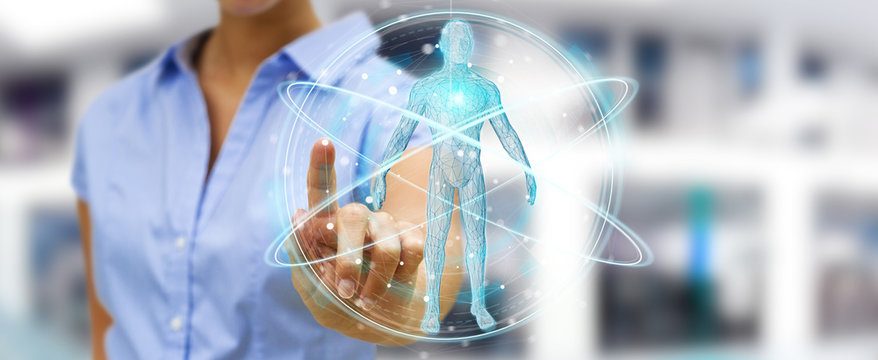 Businesswoman using digital x-ray human body scan interface 3D rendering