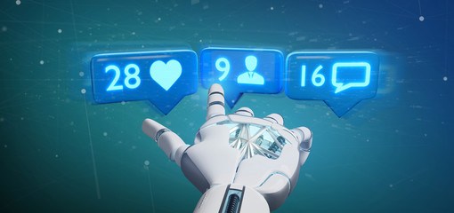 Cyborg hand holding Like, Follower and message notification on social network - 3d rendering