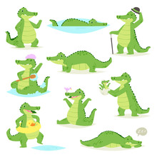 Crocodile Vector Crocodilian Character Of Green Alligator Sleeping Or Playing Illustration Animalistic Childish Setof Funny Predator Isolated On White Background
