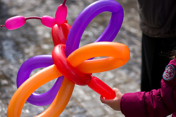 A small girl holding a balloon butterfly or dog that she got as a gift for her birthday party at a children party from clown  
