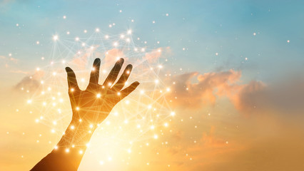 Poster - Hand touching global network connection and  data exchanges on sky sunset background. Technology and telecommunication concept.