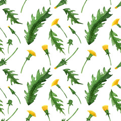 Wall Mural - Watercolor seamless pattern of dandelion buds, flowers and leaves