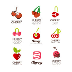 Sticker - Cherry logo design set, creative templates can be used for cafe, bar, club, grocery store, package, price tag, flyer vector Illustrations