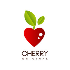 Wall Mural - Cherry original, creative logo template with ripe cherry in the shape of heart can be used for cafe, bar, club, grocery store, package, price tag, flyer vector Illustration