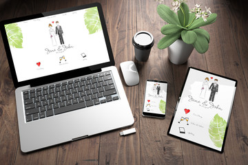 Poster - three devices on wooden desk top view wedding website