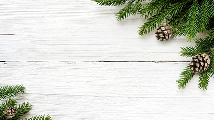 christmas fir tree branches and pine cones background