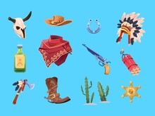 Wild west cartoon set. Cowboy boots, hat and gun. Bull skull, indian war bonnet and tomahawk. Isolated vector collection