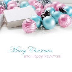 Wall Mural - Pink and blue Christmas balls with gift box and wrapping paper