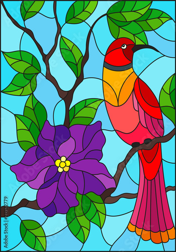 Dekoracja na wymiar  ilustracja-w-stylu-witrazu-z-pieknym-czerwonym-ptakiem-siedzacym-na-galezi-on