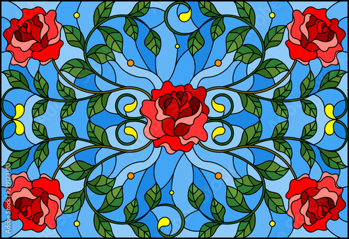 ilustracja-w-witrazu-styl-z-czerwieni-roza-rozgalezia-sie-na-blekitnym-tle