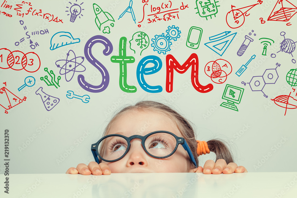 STEM word and symbols over beautiful cute little girl. modern education concept - obrazy, fototapety, plakaty 