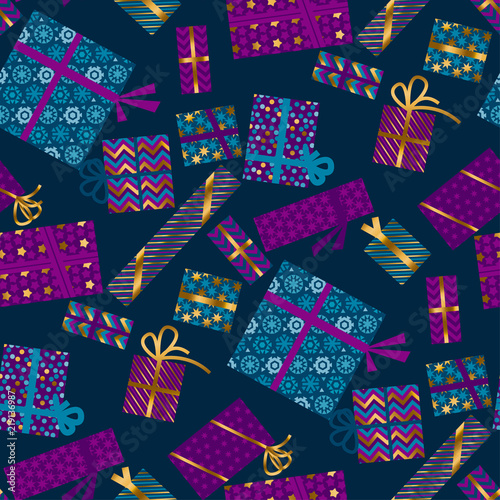 Violet and blue xmas gift box seamless pattern