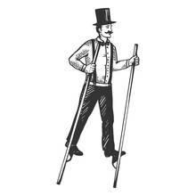 Man On Stilts Engraving Vector Illustration