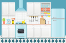 Kitchen Retro Interior With Appliances, Furniture. Vector. Vintage Room With Stove, Cupboard, Mixer, Fridge And Kettle In Flat Design. Cooking Banner. Cartoon Illustration.