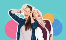People, Fashion And Friendship Concept -magazine Style Collage Of Happy Teenage Girls Having Fun And Making Faces Over Colorful Background