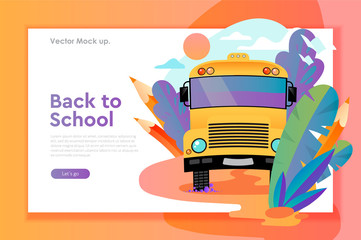 Wall Mural - Back to school web design template with yellow school bus. Mockup for internet education, training, study, vector illustration.