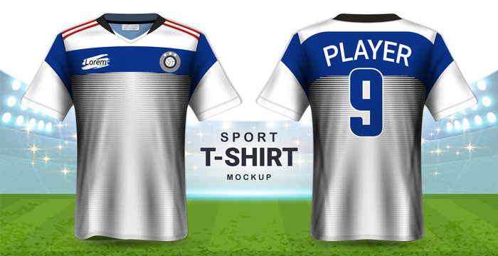 Soccer Jersey and Sportswear T-Shirt Mockup Template, Realistic Graphic Design Front and Back View for Football Kit Uniforms, Easy Possibility to Apply Your Artwork, Text, Image, Logo (Eps10 Vector)