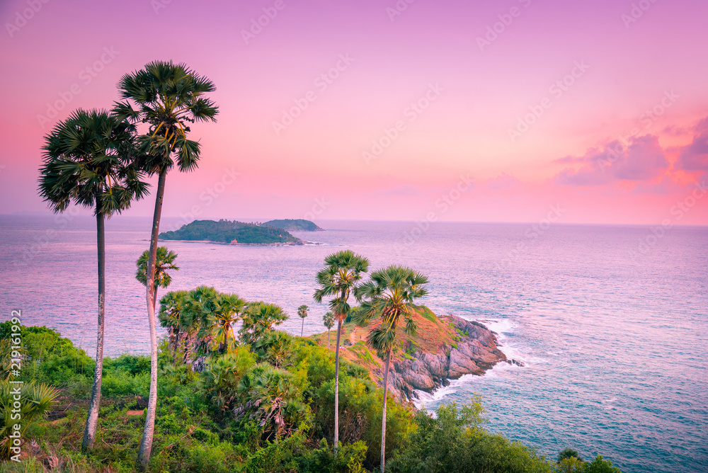 Landscape view point of Laem Phromthep Cape at sunset sky. The most famous tourist attraction in Phuket province, Thailand. - obrazy, fototapety, plakaty 