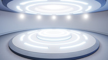 Abstract Empty Studio With Pedestal And Blue Lighting. Futuristic Round Pedestal Or Platform For Display. Sci-fi Concept. 3d Render. 3d Visualisation.