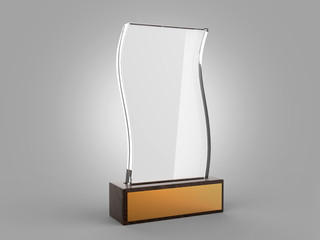 Blank glass trophy mock up stand on wooden base.