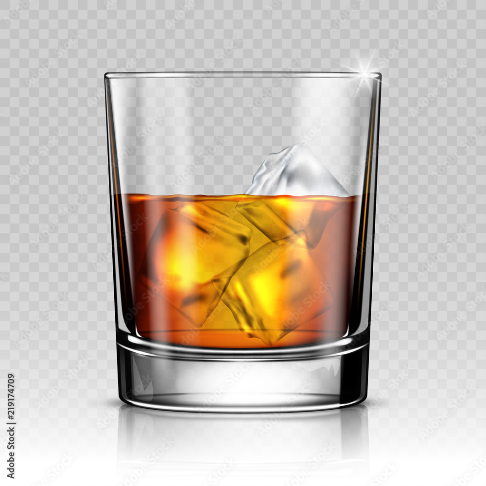 Glass of whiskey with ice isolated on transparent background - obrazy, fototapety, plakaty 