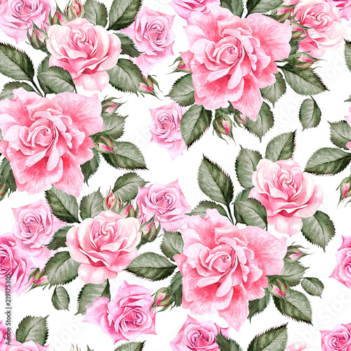 Watercolor pattern with roses  flowers and leaves  .