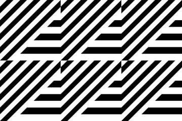Seamless pattern with striped black white straight lines and diagonal inclined lines (zigzag, chevron). Optical illusion effect, op art. Vector vibrant decorative background, texture.